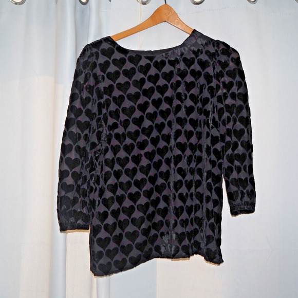 TALBOTS Black Velvet Burnout Hearts Blouson Top Size L Sheer Overlay Blouse - Picture 3 of 12